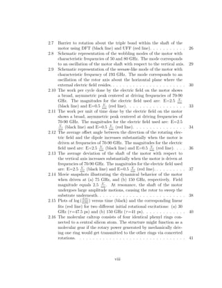 2.7 Barrier to rotation about the triple bond within the shaft of the
motor using DFT (black line) and UFF (red line). . . . . . . . . . . 26
2.8 Schematic representation of the wobbling modes of the motor with
characteristic frequencies of 50 and 80 GHz. The mode corresponds
to an oscillation of the motor shaft with respect to the vertical axis. 29
2.9 Schematic representation of the seesaw-like mode of the motor with
characteristic frequency of 193 GHz. The mode corresponds to an
oscillation of the rotor axis about the horizontal plane where the
external electric ﬁeld resides. . . . . . . . . . . . . . . . . . . . . . . 30
2.10 The work per cycle done by the electric ﬁeld on the motor shows
a broad, asymmetric peak centered at driving frequencies of 70-90
GHz. The magnitudes for the electric ﬁeld used are: E=2.5 V
nm
(black line) and E=0.5 V
nm
(red line). . . . . . . . . . . . . . . . . . 33
2.11 The work per unit of time done by the electric ﬁeld on the motor
shows a broad, asymmetric peak centered at driving frequencies of
70-90 GHz. The magnitudes for the electric ﬁeld used are: E=2.5
V
nm
(black line) and E=0.5 V
nm
(red line). . . . . . . . . . . . . . . . 34
2.12 The average oﬀset angle between the direction of the rotating elec-
tric ﬁeld and the dipole increases substantially when the motor is
driven at frequencies of 70-90 GHz. The magnitudes for the electric
ﬁeld used are: E=2.5 V
nm
(black line) and E=0.5 V
nm
(red line). . . . 36
2.13 The average deviation of the shaft of the motor with respect to
the vertical axis increases substantially when the motor is driven at
frequencies of 70-90 GHz. The magnitudes for the electric ﬁeld used
are: E=2.5 V
nm
(black line) and E=0.5 V
nm
(red line). . . . . . . . . . 37
2.14 Movie snapshots illustrating the dynamical behavior of the motor
when driven at (a) 75 GHz, and (b) 150 GHz, respectively. Field
magnitude equals 2.5 V
nm
. At resonance, the shaft of the motor
undergoes large amplitude motions, causing the rotor to sweep the
substrate underneath. . . . . . . . . . . . . . . . . . . . . . . . . . . 38
2.15 Plots of log (L(t)
L(0)
) versus time (black) and the corresponding linear
ﬁts (red line) for two diﬀerent initial rotational excitations: (a) 30
GHz (τ=47.5 ps) and (b) 150 GHz (τ=41 ps). . . . . . . . . . . . . 40
2.16 The molecular caltrop consists of four identical phenyl rings con-
nected to a central silicon atom. The structure might function as a
molecular gear if the rotary power generated by mechanically driv-
ing one ring would get transmitted to the other rings via concerted
rotations. . . . . . . . . . . . . . . . . . . . . . . . . . . . . . . . . 41
viii
 