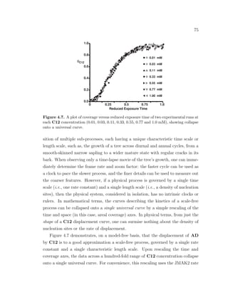 75
0 0.750.25 0.5 1.0
0.0
0.2
0.4
0.6
0.8
1.0
0.01 mM
0.03 mM
0.11 mM
0.33 mM
0.55 mM
0.77 mM
1.00 mM
Reduced Exposure Time
θC12
Figure 4.7. A plot of coverage versus reduced exposure time of two experimental runs at
each C12 concentration (0.01, 0.03, 0.11, 0.33, 0.55, 0.77 and 1.0 mM), showing collapse
onto a universal curve.
sition of multiple sub-processes, each having a unique characteristic time scale or
length scale, such as, the growth of a tree across diurnal and annual cycles, from a
smooth-skinned narrow sapling to a wider mature state with regular cracks in its
bark. When observing only a time-lapse movie of the tree’s growth, one can imme-
diately determine the frame rate and zoom factor: the faster cycle can be used as
a clock to pace the slower process, and the ﬁner details can be used to measure out
the coarser features. However, if a physical process is governed by a single time
scale (i.e., one rate constant) and a single length scale (i.e., a density of nucleation
sites), then the physical system, considered in isolation, has no intrinsic clocks or
rulers. In mathematical terms, the curves describing the kinetics of a scale-free
process can be collapsed onto a single universal curve by a simple rescaling of the
time and space (in this case, areal coverage) axes. In physical terms, from just the
shape of a C12 displacement curve, one can surmise nothing about the density of
nucleation sites or the rate of displacement.
Figure 4.7 demonstrates, on a model-free basis, that the displacement of AD
by C12 is to a good approximation a scale-free process, governed by a single rate
constant and a single characteristic length scale. Upon rescaling the time and
coverage axes, the data across a hundred-fold range of C12 concentration collapse
onto a single universal curve. For convenience, this rescaling uses the JMAK2 rate
 