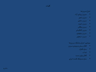 ‫کلیات‬
‫ها‬‫سرریز‬‫انواع‬
•‫اد‬‫ز‬‫آ‬ ‫ی‬ ‫یزش‬‫ر‬ ‫سرریز‬
•‫اوجی‬ ‫سرریز‬
•‫جانبی‬ ‫سرریز‬
•‫شوت‬ ‫سرریز‬
•‫پلکانی‬ ‫سرریز‬
•‫ای‬‫کنگره‬ ‫سرریز‬
•‫ی‬‫نیلوفر‬ ‫سرریز‬
•‫سیفونی‬ ‫سرریز‬
‫ها‬‫سرریز‬‫مشترک‬‫ای‬‫ز‬‫اج‬‫مهمترین‬
•‫سرریز‬ ‫ودی‬‫ر‬‫و‬ ‫و‬ ‫سش‬‫ر‬ ‫کانال‬
•‫ل‬‫کنتر‬ ‫ه‬‫ز‬‫سا‬
•‫آب‬‫تند‬
•‫دست‬‫پایین‬ ‫کانال‬
•‫انرژی‬‫کننده‬‫مستهلک‬ ‫ه‬‫ز‬‫سا‬
۳۹/4
 