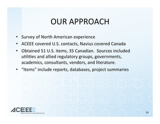OUR	APPROACH	
•  Survey	of	North	American	experience	
•  ACEEE	covered	U.S.	contacts,	Navius	covered	Canada	
•  Obtained	51	U.S.	items,	35	Canadian.		Sources	included	
u%li%es	and	allied	regulatory	groups,	governments,	
academics,	consultants,	vendors,	and	literature.	
•  “Items”	include	reports,	databases,	project	summaries	
11	
 