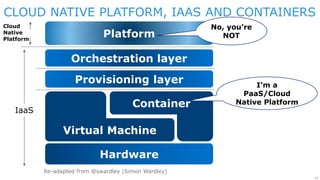 10
CLOUD NATIVE PLATFORM, IAAS AND CONTAINERS
Hardware
Virtual Machine
Container
Provisioning layer
Orchestration layer
Platform
I’m a
PaaS/Cloud
Native Platform
No, you’re
NOT
Cloud
Native
Platform
IaaS
Re-adapted from @swardley (Simon Wardley)
 
