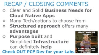 26
RECAP / CLOSING COMMENTS
◊ Clear and Solid Business Needs for
Cloud Native Apps
◊ Many Tech/options to choose from
◊ Structured approach offers many
advantages
◊ Purpose built and
Simplified Infrastructure
can definitely help
Check OUT PCF Dev for your Labs
 