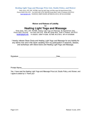 Healing Light Yoga and Massage Price List, Studio Policy, and Waiver
Steve Davis, RYT, LMT, BCTMB, Healing Light Yoga and ...