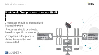 Mistake 4: One process does not fit all
Let’s talk about process…
●Processes should be standardized
but not inflexible
●Processes should be adjusted
based on specific requirements
●Exceptions to the process
should be expected and
documented
 