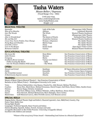 TTaasshhaa WWaatteerrss
Mezzo-Belter / Soprano
(Vocal Range: C#3 – Eb6)
(716) 523-7244
tasha.x.waters@gmail.com
www.TashaWaters.com
Height: 5’3”
REGIONAL THEATRE
Spamalot
Man of La Mancha
Into The Woods
Grease
Alice in Wonderland
Me and My Girl
I Love You, You’re Perfect, Now Change
Pump Boys and Dinettes
Lend Me a Tenor
Love in the Bosque
Romance Cabaret
Lady of the Lake
Aldonza
The Witch
Rizzo
The Queen of Hearts
Jacqueline Carstone
Woman 1 (Soprano)
Rhetta Cupp
Diana
Sandy (lead)
Various
Albuquerque Little Theatre
Landmark Musicals
Musical Theatre Southwest
Albuquerque Little Theatre
Enchanted Rose Theatre
Musical Theatre Southwest
The Adobe Theater
The Adobe Theater
The Adobe Theater
Open Space Visitor Center
Musical Theatre Southwest
EDUCATIONAL THEATRE
She Loves Me
Little Women
Company
Sondheim Revue (scenes)
- Follies (Losing My Mind)
- Into the Woods (Children Will Listen)
Ilona Ritter
Marmee
Marta
Various (see below)
- Sally
- The Witch
San Francisco Conservatory of Music
San Francisco Conservatory of Music
San Francisco Conservatory of Music
San Francisco Conservatory of Music
San Francisco Conservatory of Music
San Francisco Conservatory of Music
OPERA
Hansel and Gretel
Otello
Der Freischütz (scene)
Il Matrimonio Segreto (scene)
Sandman
Ensemble
Ännchen
Elisetta
SF Opera Education Outreach/SFCM
Union Avenue Opera Company
San Francisco Conservatory of Music
San Francisco Conservatory of Music
TRAINING
Master of Music [Opera/Musical Theatre] – San Francisco Conservatory of Music
Bachelor of Arts [Music/Voice] – Washington University in St. Louis
Voice: Delreen Hafenrichter, Lina Ramos, Pamela Fry, Jolly Stewart, Melissa Thorburn
Coaches: Bryan Nies, Mark Bruce, Michael Grossman, Darryl Cooper, Gail Hintz, Henry Palkes, Sandra Geary
Diction: Marcie Stapp, Christine Armistead
Acting: Paul Ford, Milissa Carey, William Whitaker, Jeffrey Matthews, Henry Schvey
Dance: Peter Bennett, Michael Mohammed, Maris Battaglia, Dawn Tarbox
Masterclass: Lotfi Mansouri (2011), Allen Perriello (2010), Curt Branom (2010)
SPECIAL SKILLS
Singing Styles: Musical Theater (legit and belter), Classical (operatic), Jazz, R&B/Soul, Country, Pop
Dance: Basic Ballet/Jazz
Strong Sight-Reader
Languages: Proficient Spanish, Basic French and Italian
Diction/Reading: Spanish, Italian, French, German and Latin
A Cappella (Recorded on Ben Folds Presents: University A Cappella! album)
Excellent with children and animals
*Winner of the 2014/2015 Vivian Award – Outstanding Lead Actress in a Musical (Spamalot)*
 