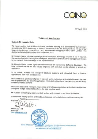 Letter of confirmation for Mr Hussain Refaa R2