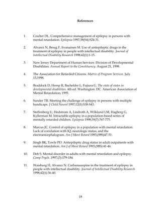 18
References
1. Coulter DL. Comprehensive management of epilepsy in persons with
mental retardation. Epilepsia 1997;38(S4):S24-31.
2. Alvarez N, Besag F, Iivanainen M. Use of antiepileptic drugs in the
treatment of epilepsy in people with intellectual disability. Journal of
Intellectual Disability Research 1998;42(1):1-15.
3. New Jersey Department of Human Services: Division of Developmental
Disabilities. Annual Report to the Constituency. August 21, 1998.
4. The Association for Retarded Citizens. Matrix of Program Services. July
15,1998.
5. Braddock D, Hemp R, Bachelder L, Fujiura G. The state of states in
developmental disabilities. 4th ed. Washington. DC. American Association of
Mental Retardation, 1995.
6. Sunder TR. Meeting the challenge of epilepsy in persons with multiple
handicaps. J Child Neurol 1997;12(1):S38-S43.
7. Steffenberg U, Hedstrom A, Lindroth A, Wilklund LM, Hagberg G,
Kyllerman M. Intractable epilepsy in a population-based series of
mentally retarded children. Epilepsia 1998;39(7):767-775.
8. Marcus JC. Control of epilepsy in a population with mental retardation:
Lack of correlation with IQ, neurologic status, and the
electroencephalogram. Am J Ment Retard 1993;(98S)47-51.
9. Singh BK, Towle PO. Antiepileptic drug status in adult outpatients with
mental retardation. Am J of Ment Retard 1993;(98S):41-46.
10. Deb S. Mental disorder in adults with mental retardation and epilepsy.
Comp Psych. 1997;(3):179-184.
11. Waisburg H, Alvarez N. Carbamazepine in the treatment of epilepsy in
people with intellectual disability. Journal of Intellectual Disability Research
1998;42(1):36-40.
 