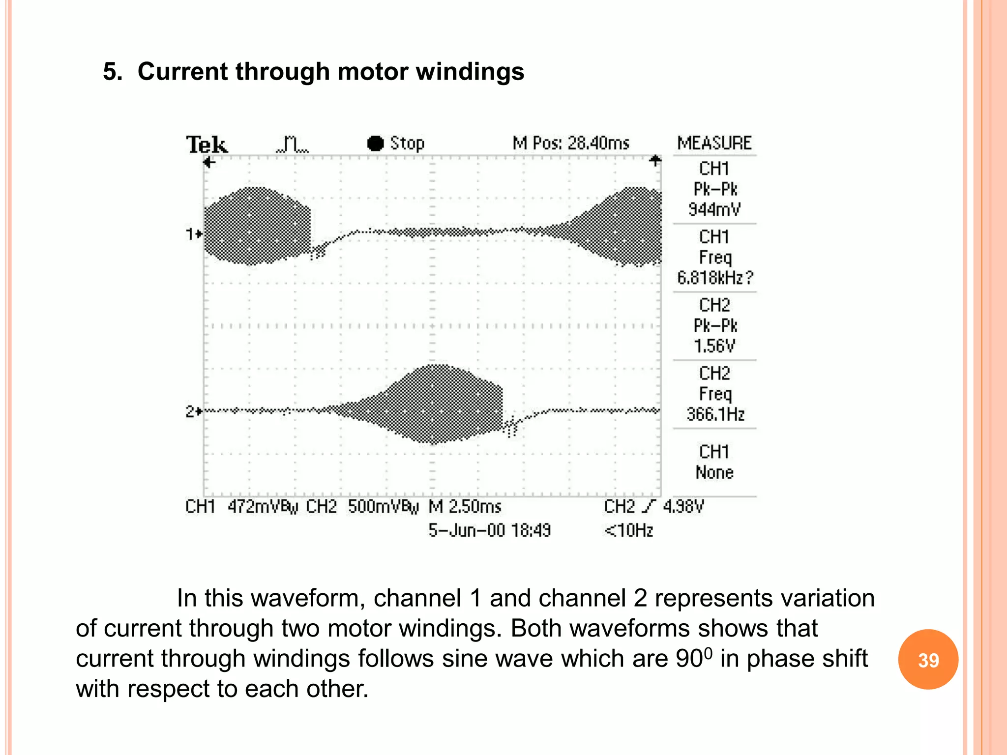 5. Current through motor windings
In this waveform, channel 1 and channel 2 represents variation
of current through two motor windings. Both waveforms shows that
current through windings follows sine wave which are 900 in phase shift
with respect to each other.
39
 