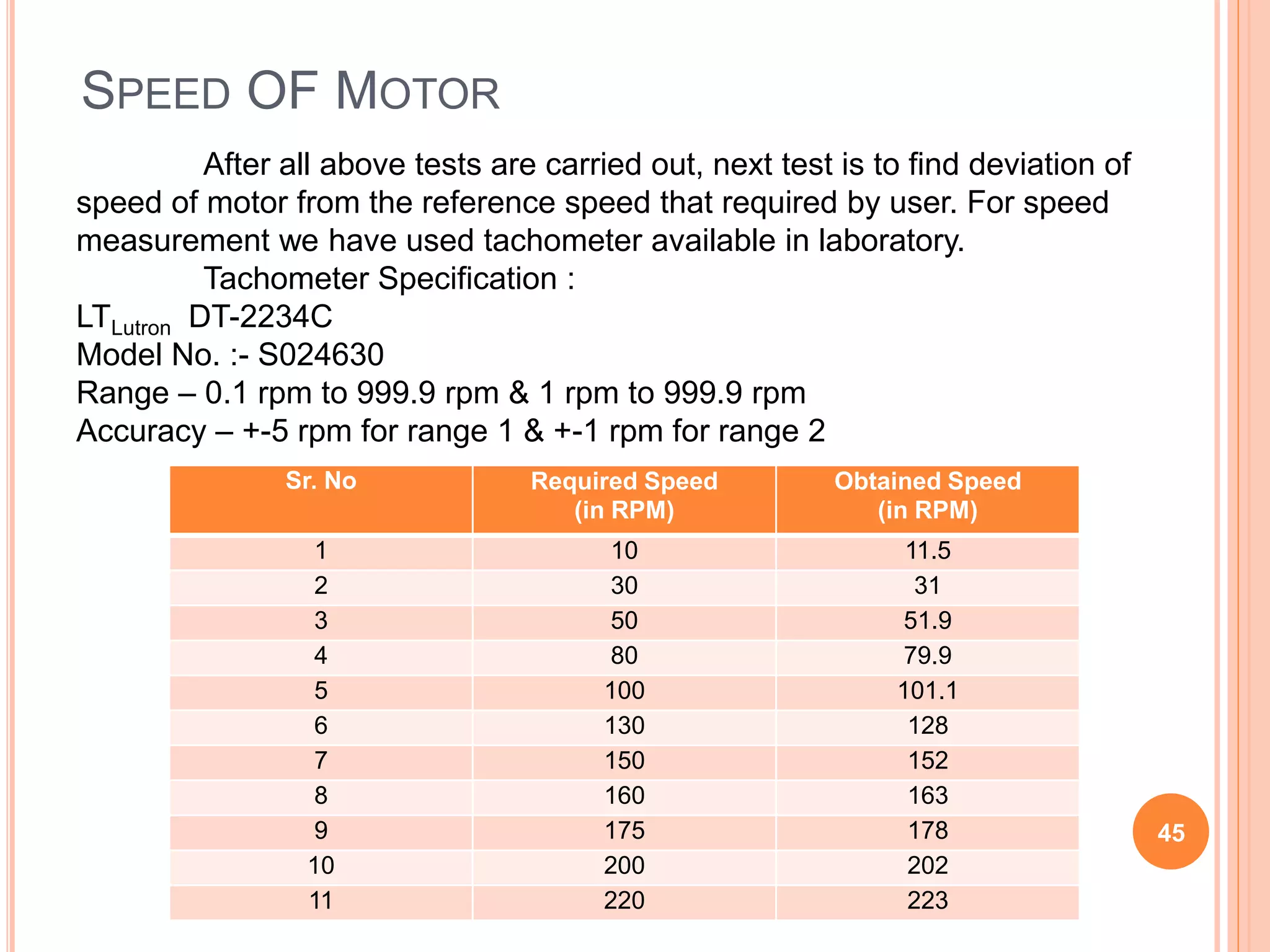 SPEED OF MOTOR
After all above tests are carried out, next test is to find deviation of
speed of motor from the reference speed that required by user. For speed
measurement we have used tachometer available in laboratory.
Tachometer Specification :
LTLutron DT-2234C
Model No. :- S024630
Range – 0.1 rpm to 999.9 rpm & 1 rpm to 999.9 rpm
Accuracy – +-5 rpm for range 1 & +-1 rpm for range 2
Sr. No Required Speed
(in RPM)
Obtained Speed
(in RPM)
1 10 11.5
2 30 31
3 50 51.9
4 80 79.9
5 100 101.1
6 130 128
7 150 152
8 160 163
9 175 178
10 200 202
11 220 223
45
 