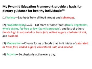 My Pyramid Education Framework provide a basis for
dietary guidance for healthy individuals:18
(1) Variety—Eat foods from all food groups and subgroups.
(2) Proportionality(‫—تناسب‬Eat more of some foods (fruits, vegetables,
whole grains, fat-free or low-fat milk products), and less of others
(foods high in saturated or trans fats, added sugars, cholesterol salt,
and alcohol).
(3) Moderation—Choose forms of foods that limit intake of saturated
or trans fats, added sugars, cholesterol, salt, and alcohol.
(4) Activity—Be physically active every day.
 