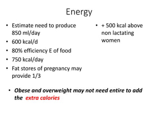 • Obese and overweight may not need entire to add
the extra calories
Energy
• Estimate need to produce
850 ml/day
• 600 kcal/d
• 80% efficiency E of food
• 750 kcal/day
• Fat stores of pregnancy may
provide 1/3
• + 500 kcal above
non lactating
women
 