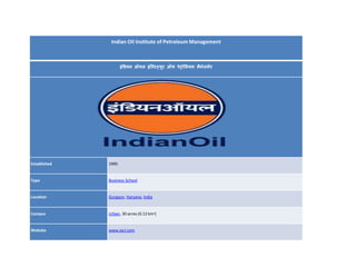 Indian Oil Institute of Petroleum Management
इंडियन ऑयल इंस्टिट्यूि ऑफ पेट्रोललयम मैनेजमेंि
Established 1995
Type Business School
Location Gurgaon, Haryana, India
Campus Urban, 30 acres (0.12 km2)
Website www.iocl.com
 
