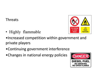 Threats
• Highly flammable
•Increased competition within government and
private players
•Continuing government interference
•Changes in national energy policies
 