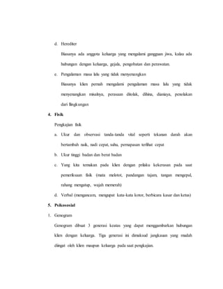 d. Herediter
Biasanya ada anggota keluarga yang mengalami gangguan jiwa, kalau ada
hubungan dengan keluarga, gejala, pengobatan dan perawatan.
e. Pengalaman masa lalu yang tidak menyenangkan
Biasanya klien pernah mengalami pengalaman masa lalu yang tidak
menyenangkan misalnya, perasaan ditolak, dihina, dianiaya, penolakan
dari llingkungan
4. Fisik
Pengkajian fisik
a. Ukur dan observasi tanda-tanda vital seperti tekanan darah akan
bertambah naik, nadi cepat, suhu, pernapasan terlihat cepat
b. Ukur tinggi badan dan berat badan
c. Yang kita temukan pada klien dengan prilaku kekerasan pada saat
pemeriksaan fisik (mata melotot, pandangan tajam, tangan mengepal,
rahang mengatup, wajah memerah)
d. Verbal (mengancam, mengupat kata-kata kotor, berbicara kasar dan ketus)
5. Psikososial
1. Genogram
Genogram dibuat 3 generasi keatas yang dapat menggambarkan hubungan
klien dengan keluarga. Tiga generasi ini dimaksud jangkauan yang mudah
diingat oleh klien maupun keluarga pada saat pengkajian.
 