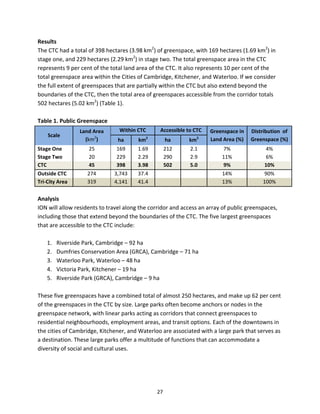  
27 
Results  
The CTC had a total of 398 hectares (3.98 km2
) of greenspace, with 169 hectares (1.69 km2
) in 
stage one, and 229 hectares (2.29 km2
) in stage two. The total greenspace area in the CTC 
represents 9 per cent of the total land area of the CTC. It also represents 10 per cent of the 
total greenspace area within the Cities of Cambridge, Kitchener, and Waterloo. If we consider 
the full extent of greenspaces that are partially within the CTC but also extend beyond the 
boundaries of the CTC, then the total area of greenspaces accessible from the corridor totals 
502 hectares (5.02 km2
) (Table 1).  
 
Table 1. Public Greenspace 
Scale 
Land Area 
(km2
) 
Within CTC  Accessible to CTC  Greenspace in 
Land Area (%) 
Distribution  of 
Greenspace (%) ha  km2
  ha  km2
 
Stage One  25  169  1.69  212  2.1  7%  4% 
Stage Two  20   229  2.29  290  2.9  11%  6% 
CTC  45  398  3.98  502  5.0  9%  10% 
Outside CTC  274  3,743  37.4        14%  90% 
Tri‐City Area  319  4,141  41.4        13%  100% 
 
Analysis 
ION will allow residents to travel along the corridor and access an array of public greenspaces, 
including those that extend beyond the boundaries of the CTC. The five largest greenspaces 
that are accessible to the CTC include: 
 
1. Riverside Park, Cambridge – 92 ha 
2. Dumfries Conservation Area (GRCA), Cambridge – 71 ha 
3. Waterloo Park, Waterloo – 48 ha 
4. Victoria Park, Kitchener – 19 ha 
5. Riverside Park (GRCA), Cambridge – 9 ha 
 
These five greenspaces have a combined total of almost 250 hectares, and make up 62 per cent 
of the greenspaces in the CTC by size. Large parks often become anchors or nodes in the 
greenspace network, with linear parks acting as corridors that connect greenspaces to 
residential neighbourhoods, employment areas, and transit options. Each of the downtowns in 
the cities of Cambridge, Kitchener, and Waterloo are associated with a large park that serves as 
a destination. These large parks offer a multitude of functions that can accommodate a 
diversity of social and cultural uses.  
 
 
 