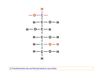 H
                          O        C

                          H        C         O           H

                  H        O       C         H

                          H        C         O           H

                          H        C         O           H

                          H        C         O           H

                                   H

2) Transformación de una fórmula lineal en una cíclica
 