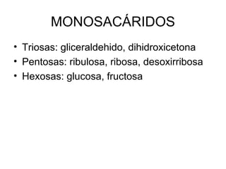 MONOSACÁRIDOS
• Triosas: gliceraldehido, dihidroxicetona
• Pentosas: ribulosa, ribosa, desoxirribosa
• Hexosas: glucosa, fructosa
 
