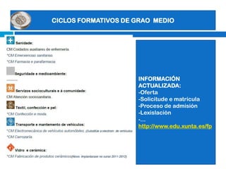 OFERTA ENSINANZAS DE RÉXIME ESPECIAL ACCESO: PROBA ESPECÍFICA + requisitos xerais: -ciclos grao medio: Graduado ESO/Proba de  madurez -ciclos grao superior e ensinanzas superiores: Bachiller /Proba de madurez CONSULTA  OFERTA, PROBAS DE ACCESO E INSCRIPCIÓN EN :http://www.edu.xunta.es/web/taxonomy/term/109