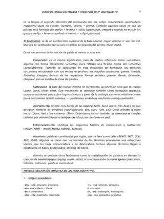 CURSO DE LENGUA CASTELLANA Y LITERATURA DE 2º BACHILLERATO 9
en la lengua el segundo elemento del compuesto con ese sufijo: misacantano, quinceañero,
ropavejero (pues no existen *cantano, *añero, * vejero). También aquellos casos en que un
palabra está formada por prefijo + lexema + sufijo (apelmazar), siempre y cuando no existan los
grupos prefijo + lexema (apelma) ni lexema + sufijo (pelmazar).
4) Sustitución: se da un cambio total o parcial de la base (bueno: mejor: óptimo; ir: voy: fui: iré).
Muestra de sustitución parcial son el cambio de posición del acento (mato: mató).
Otros mecanismos de formación de palabras menos usados son:
Conversión: es el mismo significante, caso de ciertos infinitivos como sustantivos,
algunos con forma plenamente sustantiva pues reflejan una flexión propia del sustantivo
(deber:deberes). También se consideran en esta modalidad de formación los términos
sustantivos relacionados con sus verbos respectivos; los vocablos sustantivos quema, llamada,
formateo, chequeo, derivan de las respectivas formas verbales quemar, llamar, formatear,
chequear, con un cambio de clase de palabra.
Sustraccion: la base del nuevo término no incrementa su extensión sino que se reduce
(gozar: goce, tintar: tinte). Este mecanismo es conocido también como formación regresiva,
usado en ocasiones para cubrir lagunas léxicas a partir de la analogía con otras relaciones entre
pares de términos (cañón:cañones; ⎯: pantalones, creándose una forma análoga pantalón).
Acortamiento: recorte en la forma de las palabras (cole, facul, micro, tele, bus) o los que
designan nombres de personas (hipocorísticos): Bea, Mari, Toni, Lisa. Otros pierden la parte
inicial (Quim, Nel) o los extremos (Toni). Deberíamos incluir también las abreviaturas simples
(admón. por administración) o compuestas (d.e.p. por descanse en paz).
Entrecruzamiento: combina los esquemas básicos de composición y sustracción
(motor+hotel > motel; Marisa, Maribel, Banesto).
Acronimia: palabras constituidas por siglas, que se leen como tales (RENFE, INEF, COU,
BUP, SEAT). Algunos se crean con las iniciales de los términos procurando una estructrura
silábica que las haga pronunciables y no deletreables. Incluso algunos términos llegan a
constituirse en bases de derivados: antisida (de SIDA).
Además se produce otros fenómenos como la revitalización de palabras en desuso, la
creación de onomatopeyas (zigzag, aupar, tictac), o la incorporación de voces ajenas (préstamos,
híbridos, cultismos, palabras inventadas).
APÉNDICE: DESCRIPCIÓN SEMÁNTICA DE LOS AFIJOS DERIVATIVOS
1. Origen y procedencia
-ano, -ana: asturiano, asturiana.
-eno, ena: chileno, chilena.
-ense: almeriense.
-eño, -eña: madrileño, madrileña.
-és, -esa: genovés, genovesa.
-í: marroquí.
-ín, -ina: mallorquín, mallorquina.
-ino, -ina: granadino, grandina.
 