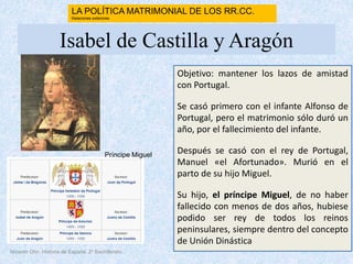 Isabel de Castilla y Aragón
Objetivo: mantener los lazos de amistad
con Portugal.
Se casó primero con el infante Alfonso de
Portugal, pero el matrimonio sólo duró un
año, por el fallecimiento del infante.
Después se casó con el rey de Portugal,
Manuel «el Afortunado». Murió en el
parto de su hijo Miguel.
Su hijo, el príncipe Miguel, de no haber
fallecido con menos de dos años, hubiese
podido ser rey de todos los reinos
peninsulares, siempre dentro del concepto
de Unión Dinástica
Nicanor Otín. Historia de España. 2º Bachillerato
LA POLÍTICA MATRIMONIAL DE LOS RR.CC.
Relaciones exteriores
Príncipe Miguel
 