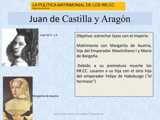 Juan de Castilla y Aragón
Objetivo: estrechar lazos con el Imperio
Matrimonio con Margarita de Austria,
hija del Emperador Maximiliano I y María
de Borgoña.
Debido a su prematura muerte los
RR.CC. casaron a su hija con el otro hijo
del emperador Felipe de Habsburgo (“el
hermoso”)
Nicanor Otín. Historia de España. 2º Bachillerato
LA POLÍTICA MATRIMONIAL DE LOS RR.CC.
Relaciones exteriores
Juan de C. y A.
Margarita de Austria
 