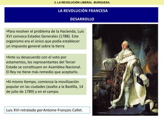 3. LA REVOLUCIÓN LIBERAL -BURGUESA.

LA REVOLUCIÓN FRANCESA
DESARROLLO
•Para resolver el problema de la Hacienda, Luis
XVI convoca Estados Generales (1788). Este
organismo era el único que podía establecer
un impuesto general sobre la erra
•Ante su desacuerdo con el voto por
estamentos, los representantes del Tercer
Estado se cons tuyen en Asamblea Nacional.
El Rey no ene más remedio que aceptarlo.
•Al mismo empo, comienza la movilización
popular en las ciudades (asalto a la Bas lla, 14
de julio de 1789) y en el campo.

Luis XVI retratado por Antoine-François Callet.

 