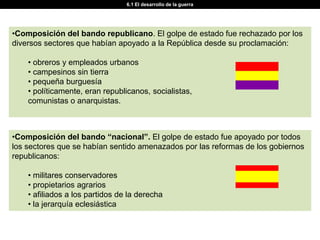 6.1 El desarrollo de la guerra




•Composición del bando republicano. El golpe de estado fue rechazado por los
diversos sectores que habían apoyado a la República desde su proclamación:

    • obreros y empleados urbanos
    • campesinos sin tierra
    • pequeña burguesía
    • políticamente, eran republicanos, socialistas,
    comunistas o anarquistas.



•Composición del bando “nacional”. El golpe de estado fue apoyado por todos
los sectores que se habían sentido amenazados por las reformas de los gobiernos
republicanos:

    • militares conservadores
    • propietarios agrarios
    • afiliados a los partidos de la derecha
    • la jerarquía eclesiástica
 