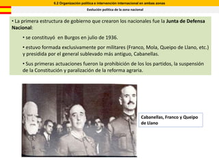 6.2 Organización política e intervención internacional en ambas zonas
                                      Evolución política de la zona nacional


• La primera estructura de gobierno que crearon los nacionales fue la Junta de Defensa
Nacional:
    • se constituyó en Burgos en julio de 1936.
    • estuvo formada exclusivamente por militares (Franco, Mola, Queipo de Llano, etc.)
    y presidida por el general sublevado más antiguo, Cabanellas.
    • Sus primeras actuaciones fueron la prohibición de los los partidos, la suspensión
    de la Constitución y paralización de la reforma agraria.




                                                                          Cabanellas, Franco y Queipo
                                                                          de Llano
 