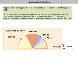 TEMA 8. LA ESPAÑA DEMOCRÁTICA.
1. La transición española y la Constitución de 1878
Las primeras elecciones generales de la democracia fueron convocadas para el 15 de junio de
1977.
•Como vemos en el cuadro siguiente, la victoria correspondió a la UCD de Adolfo Suárez. El
PSOE también consiguió un buen resultado. Sólo el PCE parecía estar por debajo de lo
esperado, si se tiene en cuenta su trabajo de oposición al franquismo y su presencia en la calle.
PSP: 6
CATALANES: 11
PNV: 8
 