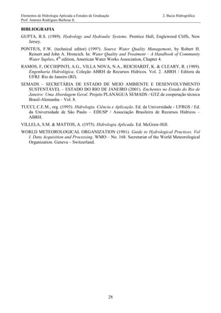 Elementos de Hidrologia Aplicada a Estudos de Graduação 2. Bacia Hidrográfica
Prof. Antenor Rodrigues Barbosa Jr.
28
BIBLIOGRAFIA
GUPTA, R.S. (1989). Hydrology and Hydraulic Systems. Prentice Hall, Englewood Cliffs, New
Jersey.
PONTIUS, F.W. (technical editor) (199?). Source Water Quality Management, by Robert H.
Reinert and John A. Hroncich. In: Water Quality and Treatment – A Handbook of Community
Water Suplies, 4th
edition, American Water Works Association, Chapter 4.
RAMOS, F, OCCHIPINTI, A.G., VILLA NOVA, N.A., REICHARDT, K. & CLEARY, R. (1989).
Engenharia Hidrológica. Coleção ABRH de Recursos Hídricos. Vol. 2. ABRH / Editora da
UFRJ. Rio de Janeiro (RJ).
SEMADS – SECRETÁRIA DE ESTADO DE MEIO AMBIENTE E DESENVOLVIMENTO
SUSTENTÁVEL – ESTADO DO RIO DE JANEIRO (2001). Enchentes no Estado do Rio de
Janeiro: Uma Abordagem Geral. Projeto PLANÁGUA SEMADS / GTZ de cooperação técnica
Brasil-Alemanha – Vol. 8.
TUCCI, C.E.M., org. (1993). Hidrologia. Ciência e Aplicação. Ed. da Universidade - UFRGS / Ed.
da Universidade de São Paulo – EDUSP / Associação Brasileira de Recursos Hídricos –
ABRH.
VILLELA, S.M. & MATTOS, A. (1975). Hidrologia Aplicada. Ed. McGraw-Hill.
WORLD METEOROLOGICAL ORGANIZATION (1981). Guide to Hydrological Practices. Vol
I. Data Acquisition and Processing. WMO – No. 168. Secretariat of the World Meteorological
Organization. Geneva – Switzerland.
 