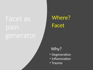 Facet as
pain
generator
Why?
Where?
Facet
• Degeneration
• Inflammation
• Trauma
 
