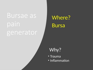 Bursae as
pain
generator
Why?
Where?
Bursa
• Trauma
• Inflammation
 