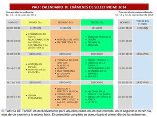 PAU : CALENDARIO DE EXÁMENES DE SELECTIVIDAD 2014

El TURNO DE TARDE es exclusivamente para aquellos casos en los que coincida, en el segundo o tercer día,
más de un examen a la misma hora. El calendario completo se comunicará el primer día de los exámenes.

 