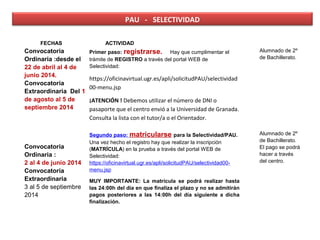 PAU - SELECTIVIDAD
FECHAS

Convocatoria
Ordinaria :desde el
22 de abril al 4 de
junio 2014.
Convocatoria
Extraordinaria Del 1
de agosto al 5 de
septiembre 2014

Convocatoria
Ordinaria :
2 al 4 de junio 2014
Convocatoria
Extraordinaria
3 al 5 de septiembre
2014

ACTIVIDAD
Primer paso: registrarse. Hay que cumplimentar el
trámite de REGISTRO a través del portal WEB de
Selectividad:

Alumnado de 2º
de Bachillerato.

https://oficinavirtual.ugr.es/apli/solicitudPAU/selectividad
00-menu.jsp
¡ATENCIÓN ! Debemos utilizar el número de DNI o
pasaporte que el centro envió a la Universidad de Granada.
Consulta la lista con el tutor/a o el Orientador.
Segundo paso: matricularse para la Selectividad/PAU.
Una vez hecho el registro hay que realizar la inscripción
(MATRÍCULA) en la prueba a través del portal WEB de
Selectividad:
https://oficinavirtual.ugr.es/apli/solicitudPAU/selectividad00menu.jsp
MUY IMPORTANTE: La matrícula se podrá realizar hasta
las 24:00h del día en que finaliza el plazo y no se admitirán
pagos posteriores a las 14:00h del día siguiente a dicha
finalización.

Alumnado de 2º
de Bachillerato.
El pago se podrá
hacer a través
del centro.

 