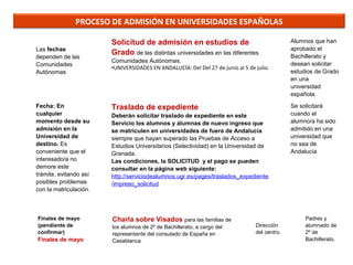 PROCESO DE ADMISIÓN EN UNIVERSIDADES ESPAÑOLAS
Las fechas
dependen de las
Comunidades
Autónomas

Fecha: En
cualquier
momento desde su
admisión en la
Universidad de
destino. Es
conveniente que el
interesado/a no
demore este
trámite, evitando así
posibles problemas
con la matriculación.

Finales de mayo
(pendiente de
confirmar)

Finales de mayo

Solicitud de admisión en estudios de
Grado de las distintas universidades en las diferentes
Comunidades Autónomas.
•UNIVERSIDADES EN ANDALUCÍA: Del Del 27 de junio al 5 de julio.

Traslado de expediente
Deberán solicitar traslado de expediente en este
Servicio los alumnos y alumnas de nuevo ingreso que
se matriculen en universidades de fuera de Andalucía
siempre que hayan superado las Pruebas de Acceso a
Estudios Universitarios (Selectividad) en la Universidad de
Granada.
Las condiciones, la SOLICITUD y el pago se pueden
consultar en la página web siguiente:
http://serviciodealumnos.ugr.es/pages/traslados_expediente
/impreso_solicitud

Charla sobre Visados para las familias de
los alumnos de 2º de Bachillerato, a cargo del
representante del consulado de España en
Casablanca

Dirección
del centro.

Alumnos que han
aprobado el
Bachillerato y
desean solicitar
estudios de Grado
en una
universidad
española.
Se solicitará
cuando el
alumno/a ha sido
admitido en una
universidad que
no sea de
Andalucía

Padres y
alumnado de
2º de
Bachillerato.

 
