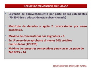 NORMAS DE PERMANENCIA EN EL GRADO

• Exigencia de aprovechamiento por parte de los estudiantes
(70-80% de su educación está subvencionada)
• Matrícula da derecho y agota 2 convocatorias por curso
académico.
• Máximo de convocatorias por asignatura = 6
• En 1º curso debe aprobarse al menos 20% créditos
matriculados (12 ECTS)
• Máximo de semestres consecutivos para cursar un grado de
240 ECTS = 14

DEPARTAMENTO DE ORIENTACIÓN-TUTORÍA

 