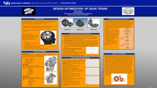 www.buffalo.edu
DESIGN OPTIMIZATION OF GEAR TRAINS
Kedar Ratnakar
Graduate Student
Mechanical and Aerospace Engineering Department
State University of New York at Buffalo
Worm Gear Bevel GearSpur Gear
GENETIC ALGORITHM - APPLICATION
RESULTS - DISCUSSION
PROBLEM STATEMENT
Design optimization uses optimization techniques to solve engineering
problems having various parameters, objective function either to
maximize or minimize and satisfying the constraints.
Design optimization methods have many engineering applications in
Automobiles, Aerospace Industry and design of structures.
The Optimization problem is formulated as per the five step formulation
process
Project Description
Data Collection and Information
Definition of Design Variables
Optimization Criterion
Formulation of Constraints
1. Parallel
Ex: Spur Gears, Helical Gears
2. Intersecting
Ex: Straight Bevel and Spiral Bevel Gears
3. Neither Parallel nor Intersecting
Ex: Worm and Worm Gears, Crossed Helical Gears
•
INTRODUCTION
SELECTION OF OBJECTIVE FUNCTION
MULTI OBJECTIVE OPTIMIZATION
1. EFFICIENCY = This plays an vital role in power transmission and
operating point. Also the importance is taken into consideration while
selecting the stresses and the design aspects. Due to this we included
efficiency as one of our objective function.
2. CENTRE DISTANCE = The greater the accuracy the smaller the backlash
needed. Backlash is most commonly created by cutting the teeth deeper
into the gears than the ideal depth. Another way of introducing backlash
is by increasing the center distances between the gears. Backlash is
undesirable in precision positioning applicationssuch as machine tool
tables.
3. Factors which control backlash are:
1. Precision class of gears,
2.Center distance tolerance.
3. Type of fit between gears, shafts and bearings.
4. Precision accuracy of bearings,
5.Straightness and adequate support of shafts.
W ORM GEAR =
Maximize Ef f iciency F1 = -(93.962-6065.81*tan(0.909*x1+5700tan(0.909x1))
Minimize Center Distance F2 = 0.5208*x1*x2
S.T.
941.13*(x1/(x2^3)) ≥ 0
202.52/(√1(
3
𝑥1)) ≥ 0
227.22*x1*
3
𝑥1 ≥ 0
8.44*
3
𝑥1 ≥ 0
SPUR GEAR =
Maximize Ef f iciency F1 = -0.033X1
Minimize Center Distance F2 = 6*X2+0.5*X2*X3
S.T. 1.778/X2 ≥ 0
1.06(
𝑋3
3
𝑋2
) ≥ 0
30.12
3
𝑋2≥ 0
0.309
3
𝑋2≥ 0
X1 ≥ 22
WORM GEAR =
Maximize Ef f iciency F1 = -0.167*X1
Minimize Center Distance F2 = 10*X2 + 0.5*X2*X3
S.T 2.67 / X2 ≥ 0
1068.03 / 𝑋3 ≥ 0
16
3
𝑋2≥ 0
0.46
3
𝑋2≥ 0
X1 ≥ 4.5
In fact the global minimum of multi-objective function
cannot be found. Any solution for which f(x*)<f(x) for any
point x* which improves the current solution is called local
minimum. The plot of points of one objective function
versus the other gives a Pareto region. This region is very
helpful in determining and finalizing the best possible
solution.
In short, for multi objective
function we can never have the
global solution but we can try to
get the best possible solution
satisfying the constraints.
o Genetic Algorithm: This
Algorithm is based on a
process similar to
natural selection. It uses
concepts like inheritance,
mutation, selection and
crossover.
Conclusion: This project is concluded with results for three
gears namely Worm gear, Spur gear and Bevel gear. It is
concluded that optimal solution of a multi objective function
clearly depends on the weightage of the parameters of the
objective functions and with different weights, we can get
different spread of points which are better than the initial
points. Thus a perfectly generalized optimal solution is not
possible but based on application requirement, selection of
generations, population and design points gives highly
accurate results. In this case, the results are in form of one
objective function versus other and they compete to give
optimal solution. This spread is known as Pareto Spread
which gives the possible optimal solutions. Hence we can get
optimal points for multi objective function fora specific
application.
This plot compares objective 1 vs objective 2 and gives us a spread of points
which are possible optimal solution.
WORM GEAR = The number of points on the
Pareto front was: 26
The number of generations was : 152
Initial bound : (x1,x2)= (24,4)
Upper bound : (x1,x2)= (240,7)
(f1,f2)= (-9.5,54), (-8.9,54), (0,50), (-9.6,54)
SPUR GEAR = The number of points on the
Pareto front was: 1
The number of generations was : 154
Initial bound: (x1,x2,x3) = (22, 12, 4)
Final bound : (x1,x2, x3) = (25, 36, 7)
(f1,f2)= (-4.175, 144)
BEVEL GEAR=The number of points on the
Pareto front was: 42
The number of generations was : 179
Initial bound: (x1,x2,x3) = (4.5, 8, 4)
Final bound : (x1,x2, x3) = (6, 24, 7)
(f1,f2)= (-1,96)
 