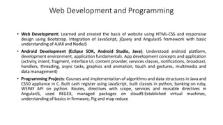 Web Development and Programming
• Web Development: Learned and created the basis of website using HTML-CSS and responsive
design using Bootstrap. Integration of JavaScript, jQuery and AngularJS framework with basic
understanding of AJAXand NodeJS
• Android Development (Eclipse SDK, Android Studio, Java): Understood android platform,
development environment, application fundamentals. App development concepts and application
(activity, intent, fragment, interface UI, content provider, services classes, notifications, broadcast,
handlers, threading, async tasks, graphics and animation, touch and gestures, multimedia and
data management)
• Programming Projects: Courses and implementation of algorithms and data structures in Java and
CS50 appliance in C. Built cash register using JavaScript, built classes in python, banking on ruby,
WEPAY API on python. Routes, directives with scope, services and reusable directives in
AngularJS, used REGEX, managed packages on cloud9.Established virtual machines,
understanding of basics in firmware, Pig and map reduce
 