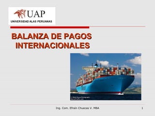 Ing. Com. Efraín Chuecas V. MBA 1
 
 
BALANZA DE PAGOSBALANZA DE PAGOS
INTERNACIONALESINTERNACIONALES
 