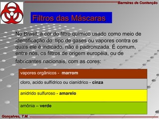 Barreiras de ContençãoBarreiras de Contenção
Gonçalves, T.M.Gonçalves, T.M.
No Brasil, a cor do filtro químico usado como meio deNo Brasil, a cor do filtro químico usado como meio de
identificação do tipo de gases ou vapores contra osidentificação do tipo de gases ou vapores contra os
quais ele é indicado, não é padronizada. É comum,quais ele é indicado, não é padronizada. É comum,
entre nós, os filtros de origem européia, ou deentre nós, os filtros de origem européia, ou de
fabricantes nacionais, com as cores:fabricantes nacionais, com as cores:
Filtros das MáscarasFiltros das Máscaras
vapores orgânicos - marrom
cloro, acido sulfídrico ou cianídrico - cinza  
anidrido sulfuroso - amarelo 
 
amônia – verde
 
 