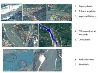 1. Rapids/shoals
2. Tributaries/deltas
3. Vegetated islands
4. Off-main channel
wetlands
5. Deep pools
6. Rocky outcrops
7. Sandbanks
 