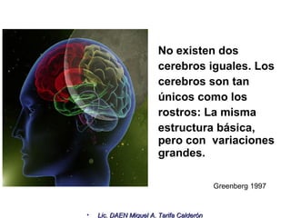 No existen dos cerebros iguales. Los cerebros son tan únicos como los rostros: La misma estructura básica, pero con  variaciones grandes. Greenberg 1997 