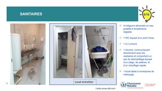 SANITAIRES
11
Local entretien
 4 mitigeurs alimentés en eau
potable à température
réglable
 1 WC équipé d'un point d'eau
 1 à 2 urinoirs
 1 douche, communiquant
directement avec les
vestiaires et comportant un
sas de déshabillage équipé
d’un siège, de patères, et
d’un chauffage rapide
 1 local dédié à l’entreprise de
nettoyage.
5/16
Crédits photos @Cramif
 