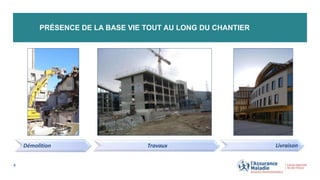PRÉSENCE DE LA BASE VIE TOUT AU LONG DU CHANTIER
4
Démolition Travaux Livraison
 