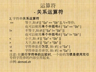
            - ϵ
2, ַϵ
 ==     ,:if [[ "$a" == "$b" ]],=ȼ;
        Ҳʹõif [ "$a" == "$b" ]
!=      ,:if [[ "$a" != "$b" ]]
        Ҳʹõif [ "$a" != "$b" ]
<       С,: if [[ $a < $b ]]
>       ,: if [[ $a > $b ]]
-z      ַǷΪ, : if [ -z $a ]
-n      ַǷǿ, : if [ -n $a ]
ע: ڽַıȽʱ, һõϰʹ˫
Žַ.
ʾ: demo6.sh
 