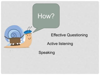 How?
Effective Questioning
Active listening
Speaking
 