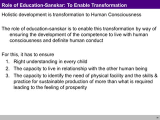 38
Role of Education-Sanskar: To Enable Transformation
Holistic development is transformation to Human Consciousness
The role of education-sanskar is to enable this transformation by way of
ensuring the development of the competence to live with human
consciousness and definite human conduct
For this, it has to ensure
1. Right understanding in every child
2. The capacity to live in relationship with the other human being
3. The capacity to identify the need of physical facility and the skills &
practice for sustainable production of more than what is required
leading to the feeling of prosperity
 