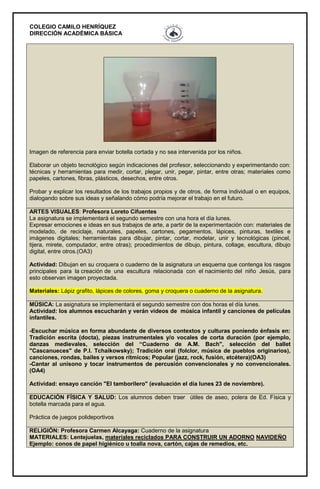 COLEGIO CAMILO HENRÍQUEZ
DIRECCIÓN ACADÉMICA BÁSICA
Imagen de referencia para enviar botella cortada y no sea intervenida por los niños.
Elaborar un objeto tecnológico según indicaciones del profesor, seleccionando y experimentando con:
técnicas y herramientas para medir, cortar, plegar, unir, pegar, pintar, entre otras; materiales como
papeles, cartones, fibras, plásticos, desechos, entre otros.
Probar y explicar los resultados de los trabajos propios y de otros, de forma individual o en equipos,
dialogando sobre sus ideas y señalando cómo podría mejorar el trabajo en el futuro.
ARTES VISUALES: Profesora Loreto Cifuentes
La asignatura se implementará el segundo semestre con una hora el día lunes.
Expresar emociones e ideas en sus trabajos de arte, a partir de la experimentación con: materiales de
modelado, de reciclaje, naturales, papeles, cartones, pegamentos, lápices, pinturas, textiles e
imágenes digitales; herramientas para dibujar, pintar, cortar, modelar, unir y tecnológicas (pincel,
tijera, mirete, computador, entre otras); procedimientos de dibujo, pintura, collage, escultura, dibujo
digital, entre otros.(OA3)
Actividad: Dibujan en su croquera o cuaderno de la asignatura un esquema que contenga los rasgos
principales para la creación de una escultura relacionada con el nacimiento del niño Jesús, para
esto observan imagen proyectada.
Materiales: Lápiz grafito, lápices de colores, goma y croquera o cuaderno de la asignatura.
MÚSICA: La asignatura se implementará el segundo semestre con dos horas el día lunes.
Actividad: los alumnos escucharán y verán videos de música infantil y canciones de películas
infantiles.
-Escuchar música en forma abundante de diversos contextos y culturas poniendo énfasis en:
Tradición escrita (docta), piezas instrumentales y/o vocales de corta duración (por ejemplo,
danzas medievales, selección del “Cuaderno de A.M. Bach", selección del ballet
"Cascanueces" de P.I. Tchaikowsky); Tradición oral (folclor, música de pueblos originarios),
canciones, rondas, bailes y versos rítmicos; Popular (jazz, rock, fusión, etcétera)(OA3)
-Cantar al unísono y tocar instrumentos de percusión convencionales y no convencionales.
(OA4)
Actividad: ensayo canción "El tamborilero" (evaluación el día lunes 23 de noviembre).
EDUCACIÓN FÍSICA Y SALUD: Los alumnos deben traer útiles de aseo, polera de Ed. Física y
botella marcada para el agua.
Práctica de juegos polideportivos
RELIGIÓN: Profesora Carmen Alcayaga: Cuaderno de la asignatura
MATERIALES: Lentejuelas, materiales reciclados PARA CONSTRUIR UN ADORNO NAVIDEÑO
Ejemplo: conos de papel higiénico u toalla nova, cartón, cajas de remedios, etc.
 
