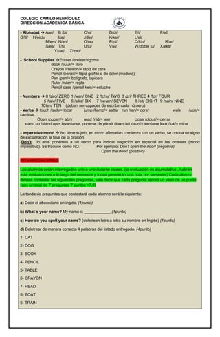 COLEGIO CAMILO HENRÍQUEZ
DIRECCIÓN ACADÉMICA BÁSICA
- Alphabet  A/ei/ B /bi/ C/si/ D/di/ E/i/ F/ef/
G/lli/ H/eich/ I/ai/ J/llei/ K/kei/ L/el/
M/em/ N/en/ O/ou/ P/pi/ Q/kiu/ R/ar/
S/es/ T/ti/ U/iu/ V/vi/ W/doble iu/ X/eks/
Y/uai/ Z/zed/
- School Supplies Eraser /ereiser/=goma
Book /buuk/= libro
Crayon /creillon/= lápiz de cera
Pencil /pensil/= lápiz grafito o de color (madera)
Pen /pen/= bolígrafo, lapicera
Ruler /ruler/= regla
Pencil case /pensil keis/= estuche
- Numbers  0 /ziro/ ZERO 1 /wan/ ONE 2 /tchu/ TWO 3 /zri/ THREE 4 /for/ FOUR
5 /faiv/ FIVE 6 /siks/ SIX 7 /seven/ SEVEN 8 /eit/ EIGHT 9 /nain/ NINE
10ten/ TEN (deben ser capaces de escribir cada número)
- Verbs  touch /tach/= tocar jump /llamp/= saltar run /ran/= corer walk /uok/=
caminar
Open /oupen/= abrir read /riid/= leer close /clous/= cerrar
stand up /stand ap/= levantarse, ponerse de pie sit down /sit daun/= sentarse look /luk/= mirar
- Imperative mood  No tiene sujeto, en modo afirmativo comienza con un verbo, se coloca un signo
de exclamación al final de la oración
Don’t : lo ante ponemos a un verbo para indicar negación en especial en las ordenes (modo
imperativo). Se traduce como NO. Por ejemplo: Don’t open the door! (negativa)
Open the door! (positivo)
INTERROGACIONES
Los alumnos serán interrogados uno a uno durante clases. (la evaluación es acumulativa , habrán
más evaluaciones a lo largo del semestre y todas generarán una nota por semestre) Cada alumno
deberá contestar las siguientes preguntas, vale decir que cada pregunta tendrá un valor de un punto
(con un total de 7 preguntas 7 puntos =7,0)
La tanda de preguntas que contestará cada alumno será la siguiente:
a) Decir el abecedario en inglés. (1punto)
b) What´s your name? My name is ____________ (1punto)
c) How do you spell your name? (deletrean letra a letra su nombre en Inglés) (1punto)
d) Deletrear de manera correcta 4 palabras del listado entregado. (4punto)
1- CAT
2- DOG
3- BOOK
4- PENCIL
5- TABLE
6- CRAYON
7- HEAD
8- BOAT
9- TRAIN
 