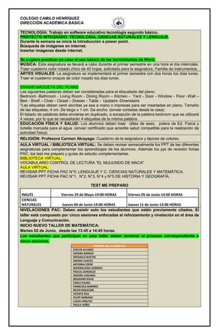 COLEGIO CAMILO HENRÍQUEZ
DIRECCIÓN ACADÉMICA BÁSICA
TECNOLOGÍA: Trabajo en software educativo tecnología segundo básico.
PROYECTO INTEGRADO: TECNOLOGÍA, CIENCIAS NATURALES Y LENGUAJE.
Durante la semana se inicia la introducción a power point.
Búsqueda de imágenes en internet.
Insertar imágenes desde internet.
Se sugiere practicar en casa el uso básico de las herramientas de Word.
MÚSICA: Esta asignatura se llevará a cabo durante el primer semestre en una hora el día miércoles.
Traer cuaderno color rosado chico de 40 hojas, solicitado para la asignatura. Familia de instrumentos.
ARTES VISUALES: La asignatura se implementará el primer semestre con dos horas los días lunes.
Traer el cuaderno croquis de color rosado los días lunes.
ENVIAR MAQUETA DEL PLANO
Las siguientes palabras deben ser consideradas para el etiquetado del plano:
Bedroom -Bathroom - Living Room - Dining Room – Kitchen - Yard - Door - Window - Floor -Wall –
Bed - Shelf – Chair - Closet – Drawer - Table - Upstairs -Downstairs
*Las etiquetas deben venir escritas ya sea a mano o impresas para ser insertadas en plano. Tamaño
de las etiquetas, 4 cm. De largo x 1 cm. De ancho. (enviar cortadas desde la casa)
El listado de palabras debe enviarse en duplicado, a excepción de la palabra bedroom que se utilizará
4 veces, por lo que se necesitarán 4 etiquetas de la misma palabra.
EDUCACIÓN FÍSICA Y SALUD: Los alumnos deben traer útiles de aseo, polera de Ed. Física y
botella marcada para el agua. (enviar certificado que acredite salud compatible para la realización de
actividad física)
RELIGIÓN: Profesora Carmen Alcayaga: Cuaderno de la asignatura y lápices de colores.
AULA VIRTUAL / BIBLIOTECA VIRTUAL: Se deben revisar semanalmente los PPT de las diferentes
asignaturas para complementar los aprendizajes de los alumnos. Además los ppt de revisión fichas
PAC, los test me preparo y guías de estudio complementarias.
BIBLIOTECA VIRTUAL:
VOCABULARIO CONTROL DE LECTURA “EL MUUUNDO DE MACA”
AULA VIRTUAL:
REVISAR PPT FICHA PAC N°5: LENGUAJE Y C. CIENCIAS NATURALES Y MATEMÁTICA.
REVISAR PPT FICHA PAC N°1, N°2, N°3, N°4 y N°5 DE HISTORIA Y GEOGRAFÍA.
TEST ME PREPARO
INGLÉS Viernes 29 de Mayo-19:00 HORAS Viernes 05 de Junio-14:00 HORAS
CIENCIAS
NATURALES Jueves 04 de Junio-19:00 HORAS Jueves 11 de Junio-14:00 HORAS
NIVELACIONES PAC: Deben asistir solo los estudiantes que estén previamente citados. El
taller está compuesto por cinco sesiones enfocadas al reforzamiento y nivelación en el área de
Lenguaje y Comunicación.
INICIO NUEVO TALLER DE MATEMÁTICA:
Martes 02 de Junio, desde las 13:45 a 14:45 horas.
Los estudiantes que participan en este taller deben terminar el proceso correspondiente a
cinco sesiones.
NOMBRE DEL ALUMNO (A)
EVELYN ALVAREZ
ISIDORA BARROS
MICKAELA BUSTOS
AMARO CHAVEZ
ANTONIA COFRE
MAXIMILIANO GARRIDO
PASCAL GONZALEZ
ISIDORA LAGUNAS
BENJAMIN RIVAS
CARLA PALMA
FRANCISCA RAMIREZ
BELEN RIQUELME
VICENTE ROA
FELIPE SERRANO
LUKAS URRUTIA
PAULA YAÑEZ
 